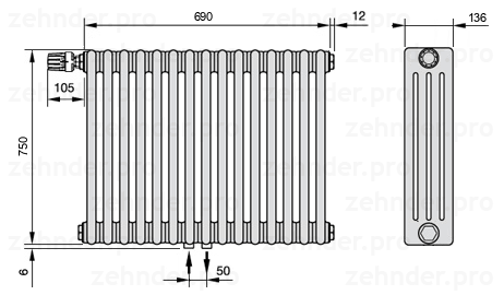 Схема (чертеж) Радиатор Zehnder Charleston 4075/15 №V007 Белый глянцевый RAL 9016
